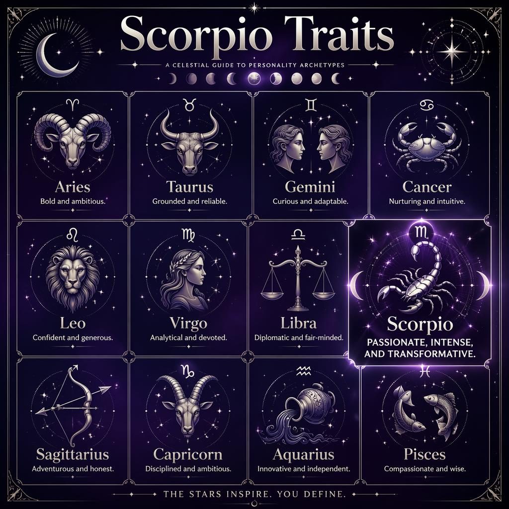Elegant 12-panel zodiac infographic highlighting Scorpio, with all 12 signs, trait lines, star charts, and purple silver celestial decor.