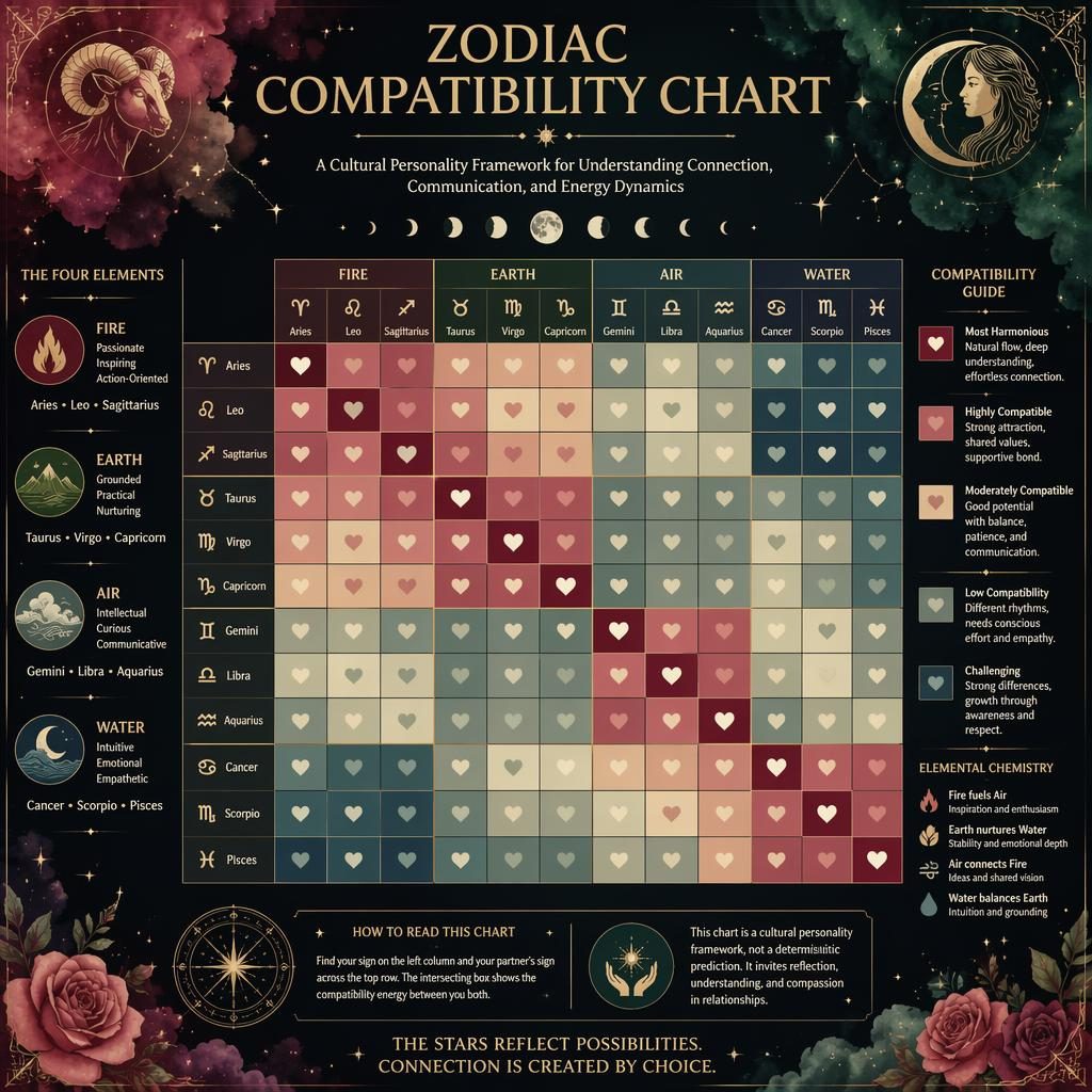 12x12 zodiac compatibility heatmap infographic with Fire, Earth, Air, and Water groups, celestial watercolor art and gold accents
