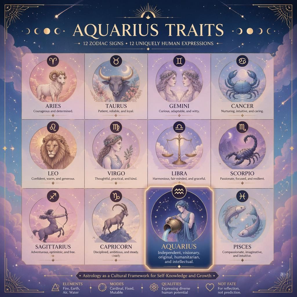 Infographie astrologique en grille 3×4 des 12 signes, avec le Verseau mis en avant, palette pastel céleste et détails dorés.