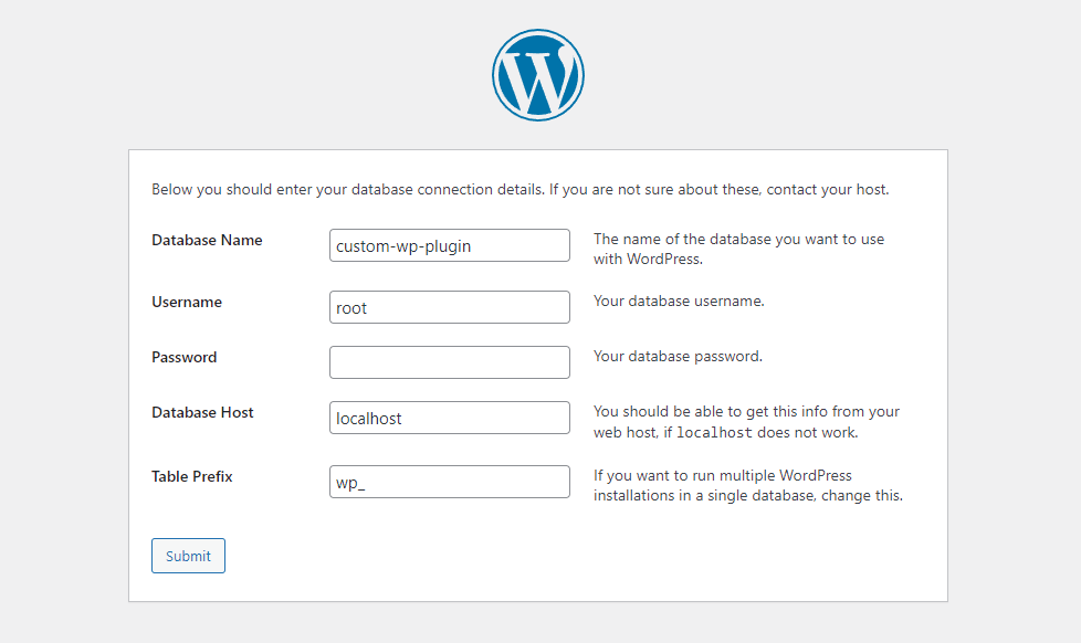 WordPress installation screen - database setup
