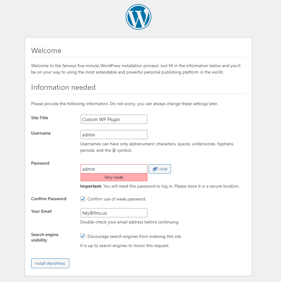WordPress install screen - website setup