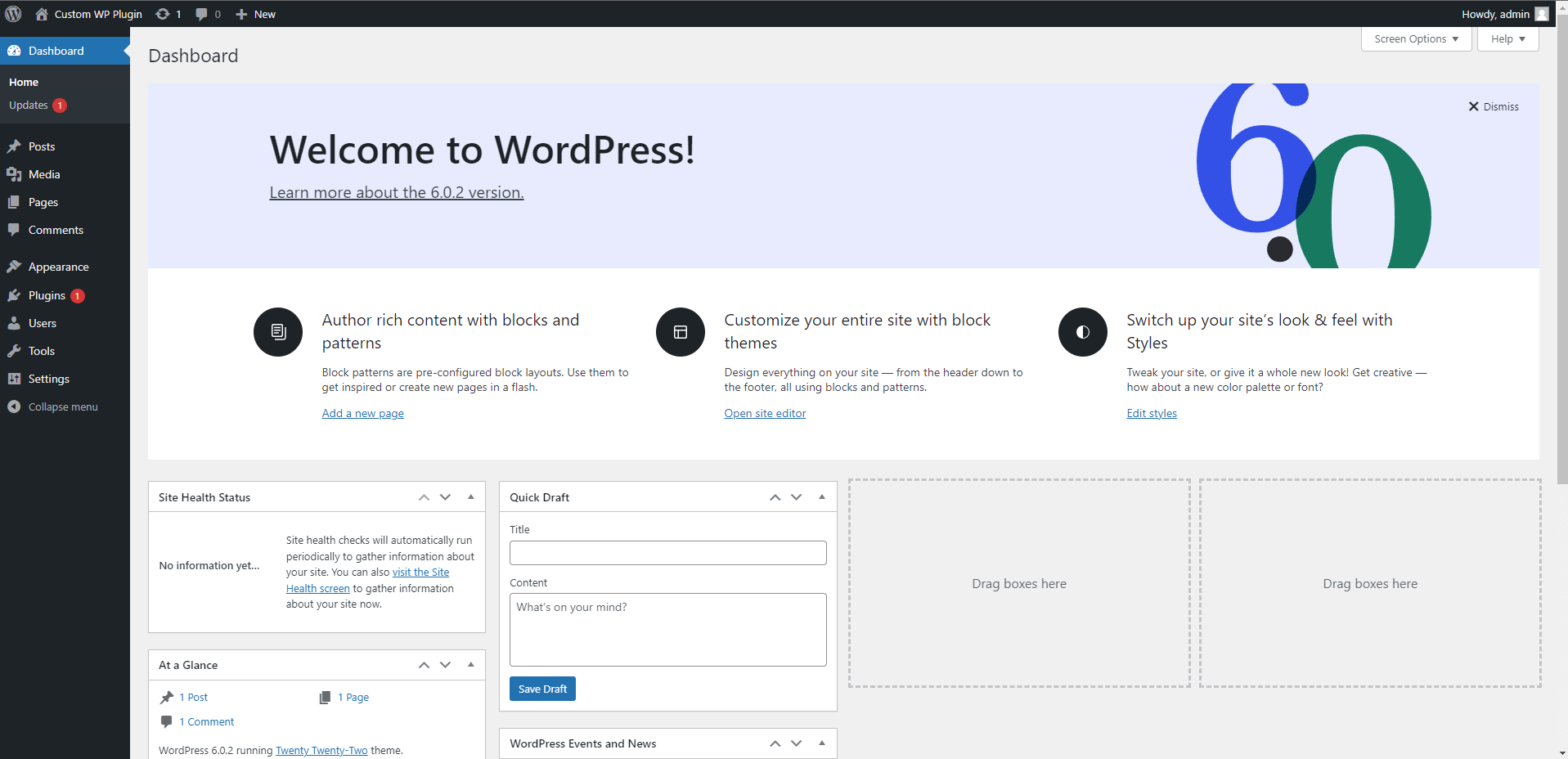 The WordPress Dashboard after installation