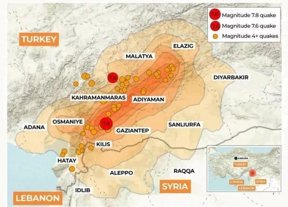 Карта землетрясения в Турции 6 февраля 2023 года