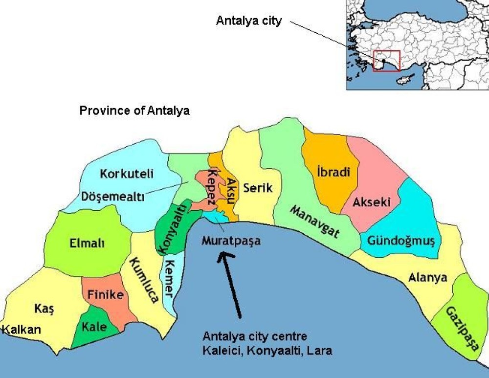 Районы Анталии на карте