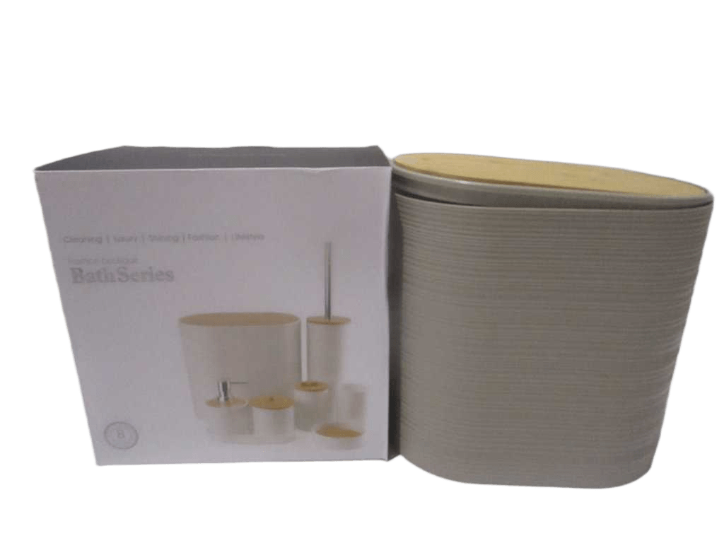 Bath Series Set Of 8 ,pp+bamboo Trash Can+toilet Brush+gargle Cup+toothbrush Holder+soap Dispenser+cotton Swab Jar+soap Dish+tray Color Box Taupe