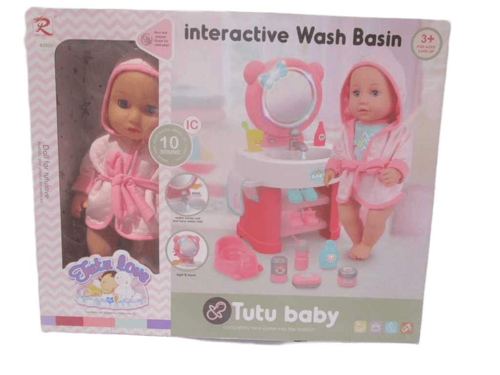Baby Doll Set Basin With Music, Light, Water Baby With Sound, Can Drink And Pee-Pee Display Box Pink Cloth 14''