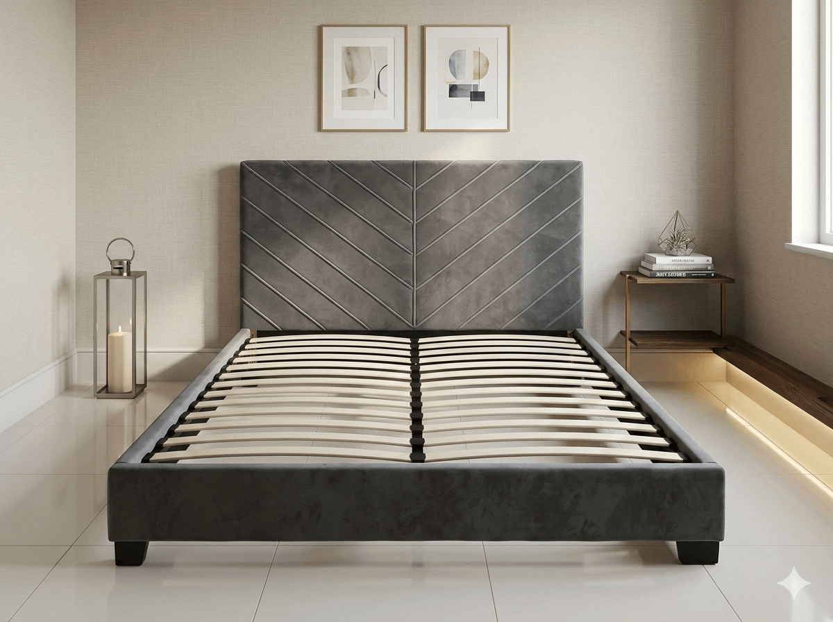 Queen Size Bed-Grey Mattress -1600x2000mm Whole Bed Cover In Velvet + Black Legs Without Storage Fuction