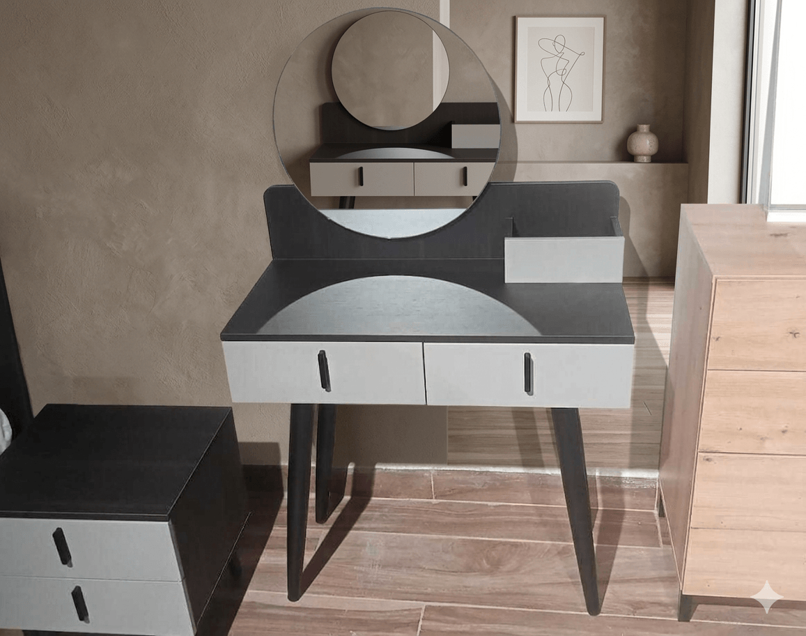 Dresser With Mirror+ Stool M43 Dark Oak+ M46 Gray D+m: 808x398x1320mmh S: ø330x412mmh