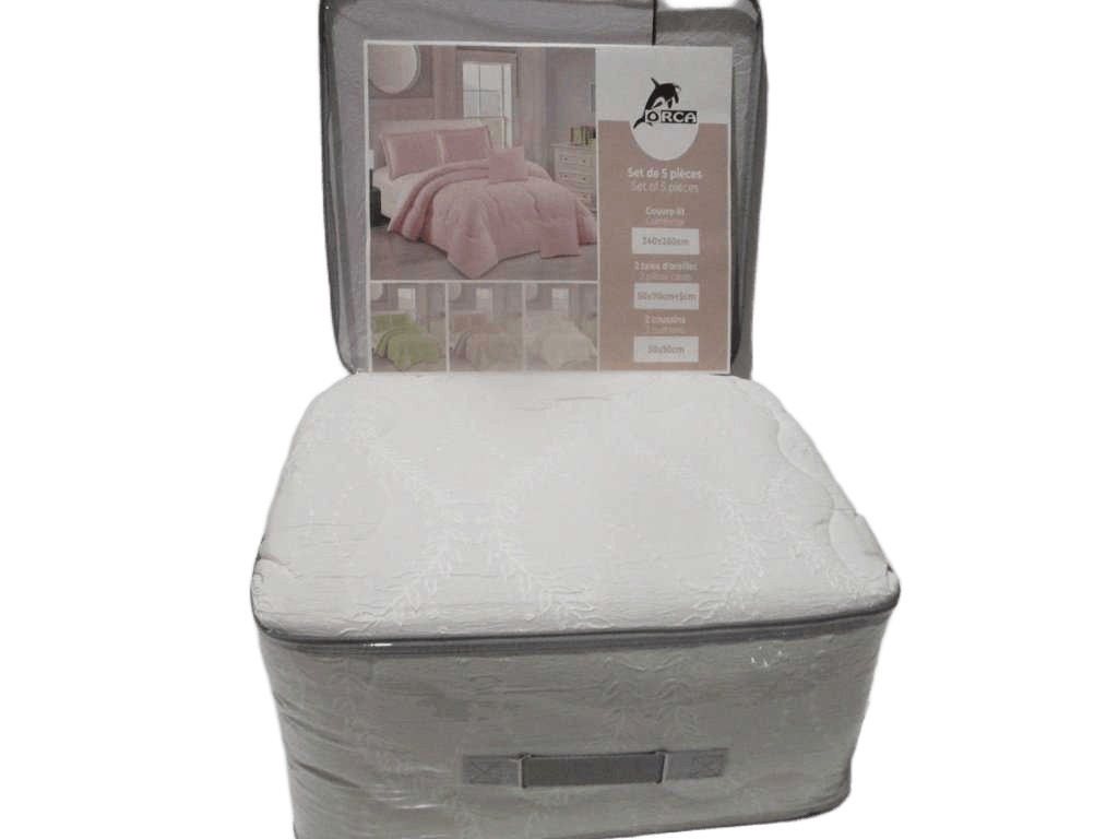 Comforter Set Of 5 Pcs 240*260; Filling 300gsm Polyester; Fabric 170gsm/90gsm Polyester W Broidery + 2 Pillowsham 50*70+5 +2 Cushion 30*50; Filling 300g Packing: Pvc Bag+color Card S077 White