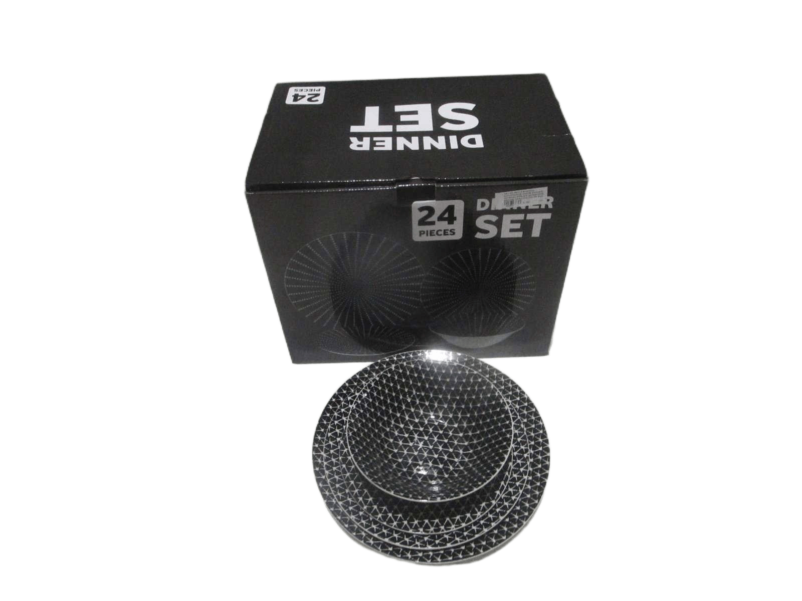 Set Of 24pc 4 Shapex6, 6xplate27cm Xh2cm, 6xplate 23cmxh2, 6xplate 20cmxh2cm, 6xbowl H5x17.5 In Color Box With The Correct Photo Outside Blue Back White Net Design