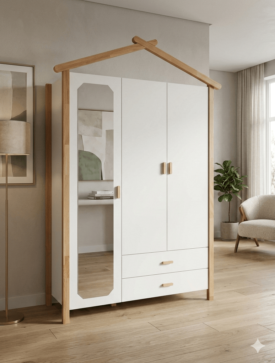 Wardrobe M_x000d_y House 3 Door 2 Drawer And Mirror White / Walnut 60x157x220cm