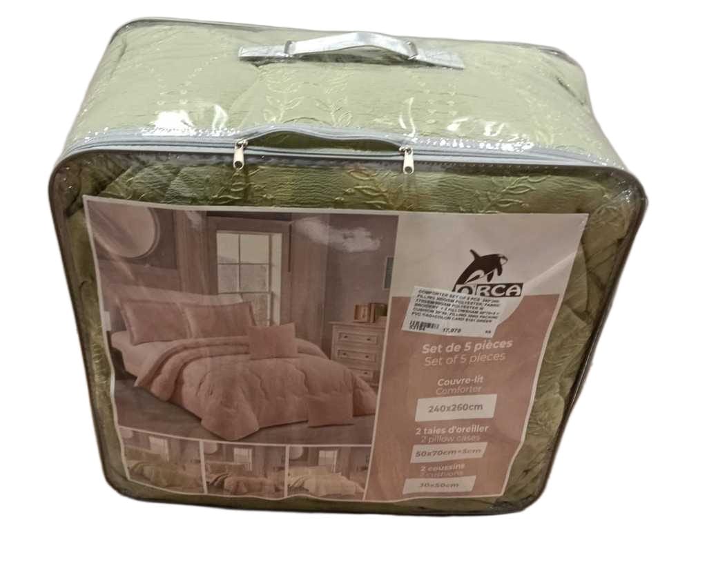 Comforter Set Of 5 Pcs 240*260; Filling 300gsm Polyester; Fabric 170gsm/90gsm Polyester W Broidery + 2 Pillowsham 50*70+5 +2 Cushion 30*50; Filling 300g Packing: Pvc Bag+color Card S161 Green