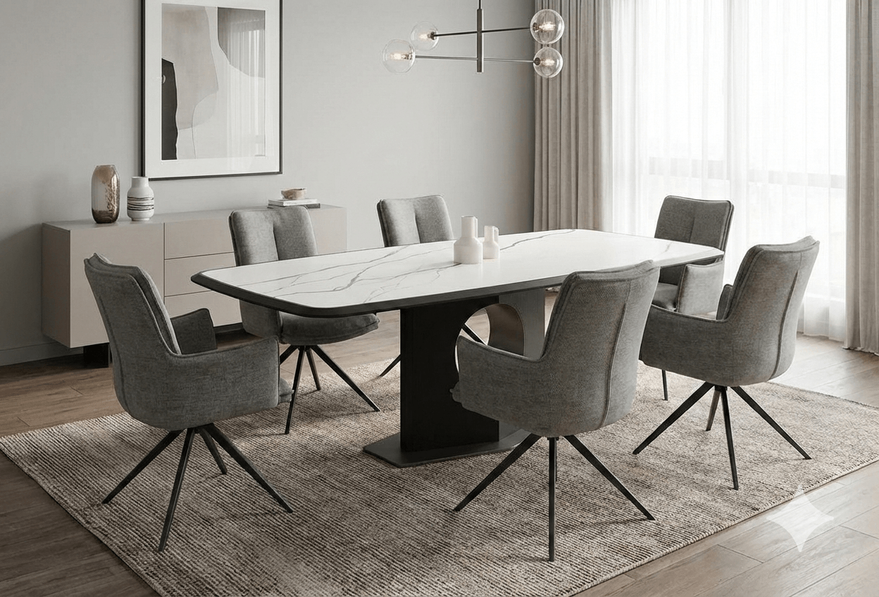 Dining Table Ceramic Top, Mdf Legs And S/S Base