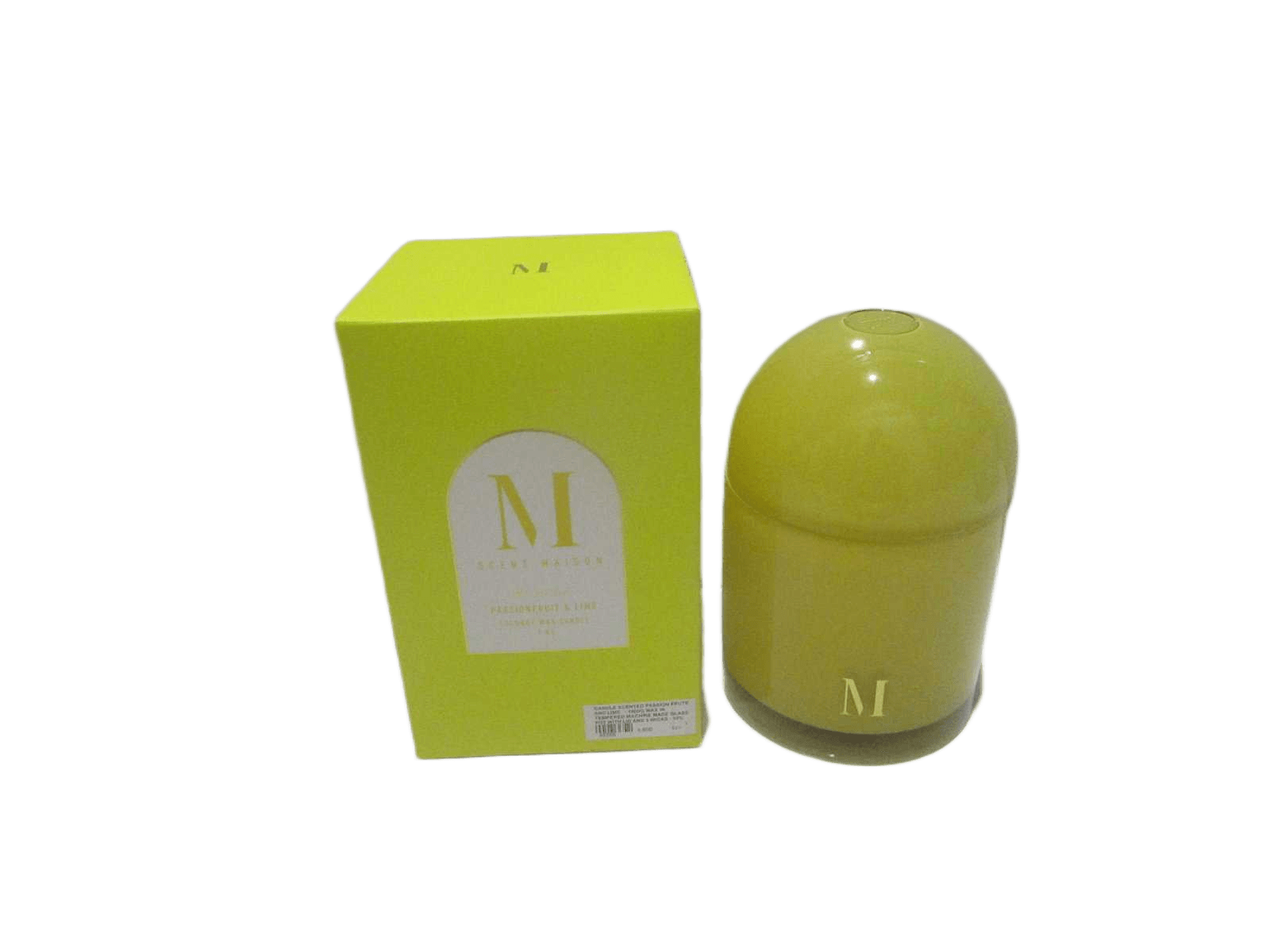 Candle Scented Passion Frute And Lime - 1000g Wax In Tempered Machine Made Glass Pot With Lid And 3 Wicks - 10% Fragrance - Packaging In Coloured Card Board Box 400g Yellow