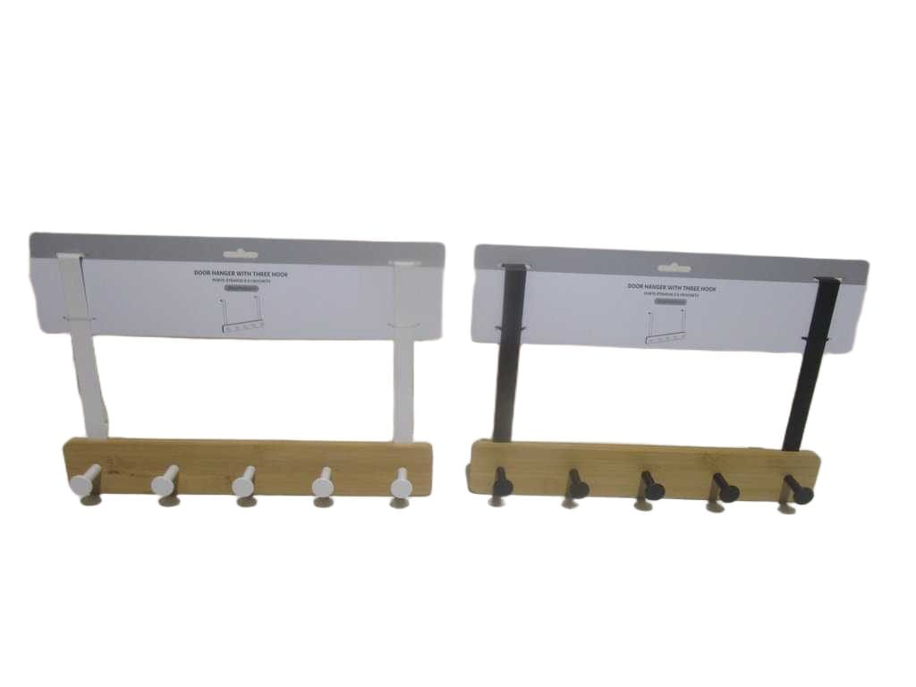 Door Hanger With Five Hook Black+white Iron+bamboo 38.5x4.8x25.5 Cm