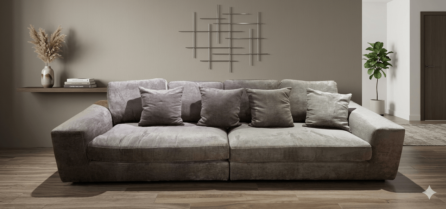 Sofa 4 Seater Beige With 4 Pillows, 4 Backrest Cuchions And 2 Cushions Seats