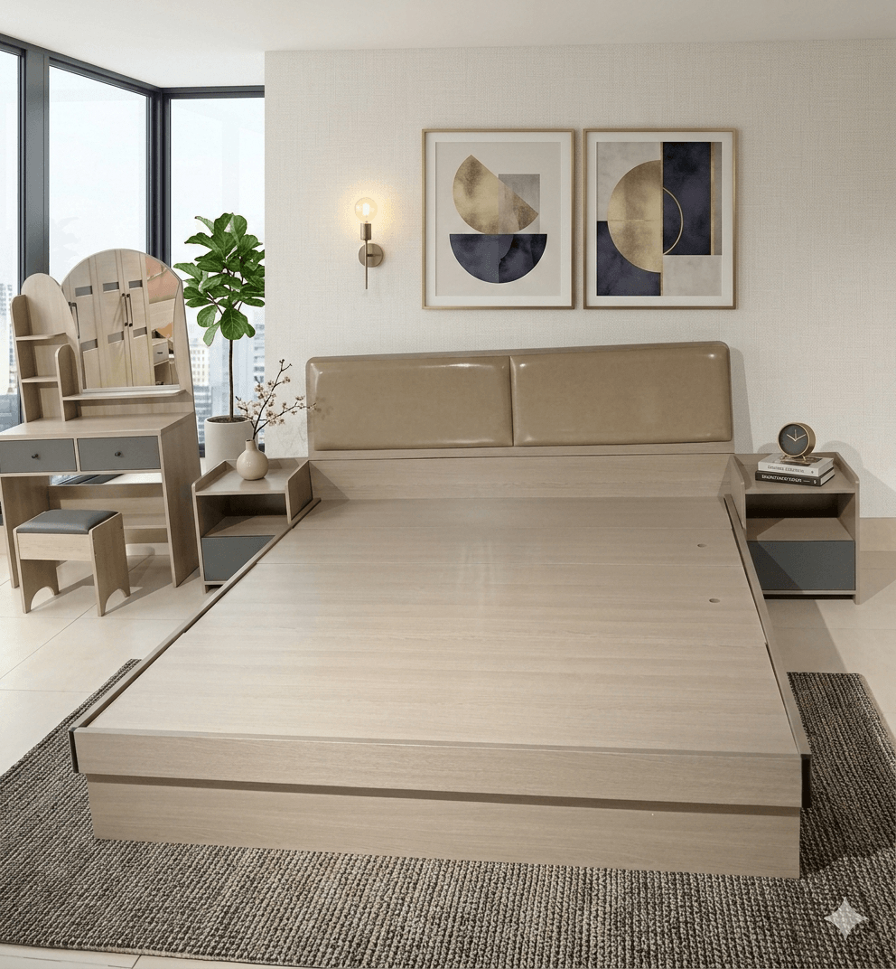 Bed 1.8m With Two Night Stands Bed:25mm Mdf+melamine, Nst:15mm Top Mdf+melamine Dk Grey+ Dk.oak Bed:1800x2000x1000 Nst: 400x500x400 Dresser With Mirror And Stool /8601