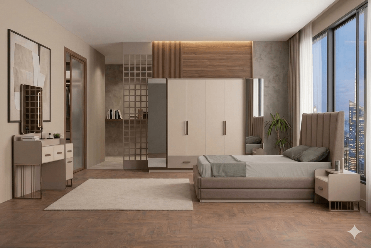 Sofia Bedroom Set Full Fabric Bed 2 Ns + Dresser With Mirror All Melamine Body Color: Intrno V-23 Brown / Beige / Bronz Bed:180x200cm Ns: 60x40x45cm Dr: 130x40x175cm