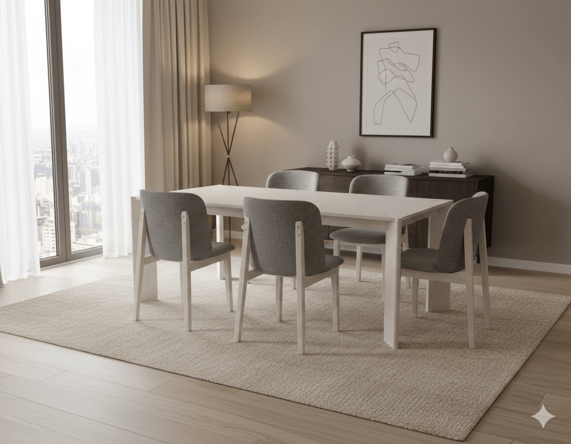 Dining Table+6 Chairs Ash Veneer Chair Leg Color Same With Table Whitewash 8383 Beige Chair:grey Raven-07 T:2000x1000x750 C:870x505x590