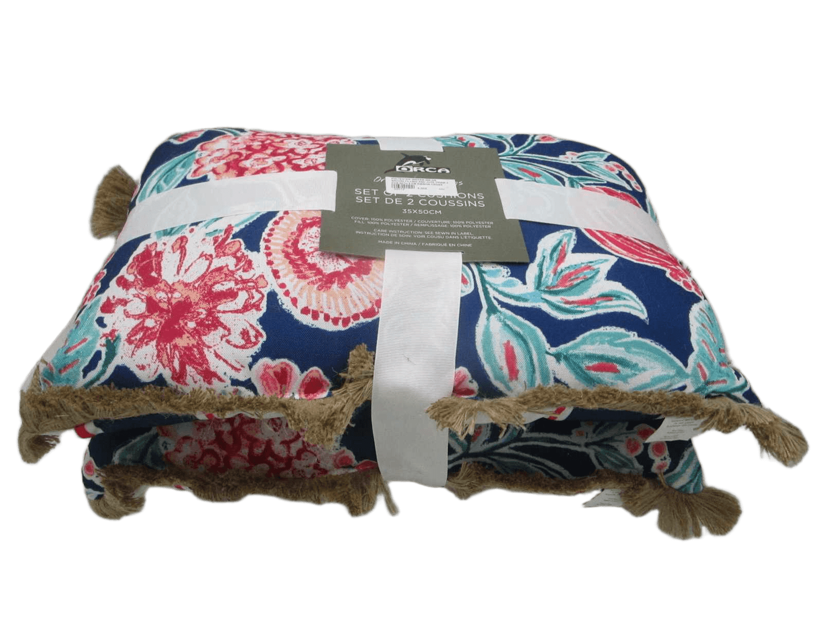 Cushion Set Of 2 100% Polyester 205gsm 500 Gr Brown Filling And Jute Triam 2 Pcs With 5 Cm Ribbon Cross And Printed Card In Center