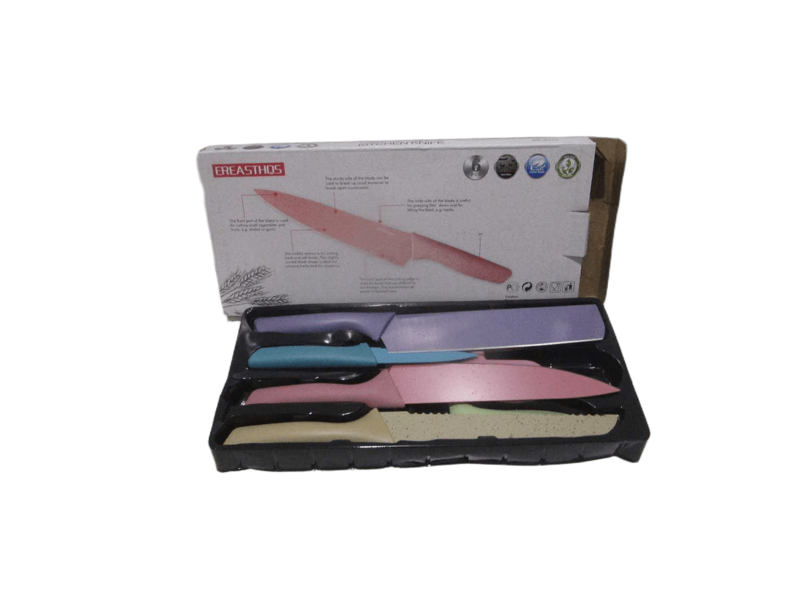 Knife Set-6pcs 2cr13 Stainless Steel 8'' Small Cleaver 8'' Chef Knife 8'' Bread Knife 3.5'' Paring Knife Scissors Peeler Pp Handle Color Box Colorful As Sample 0.7mm Thickness