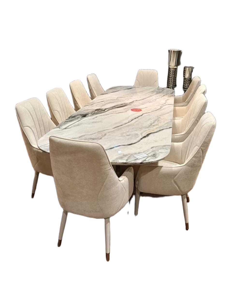 Dining Table Mdf With Marble Paper Top + 10 Pc Chairs Fabric Wl2025-5-2 Beige (K32) Same As Sample