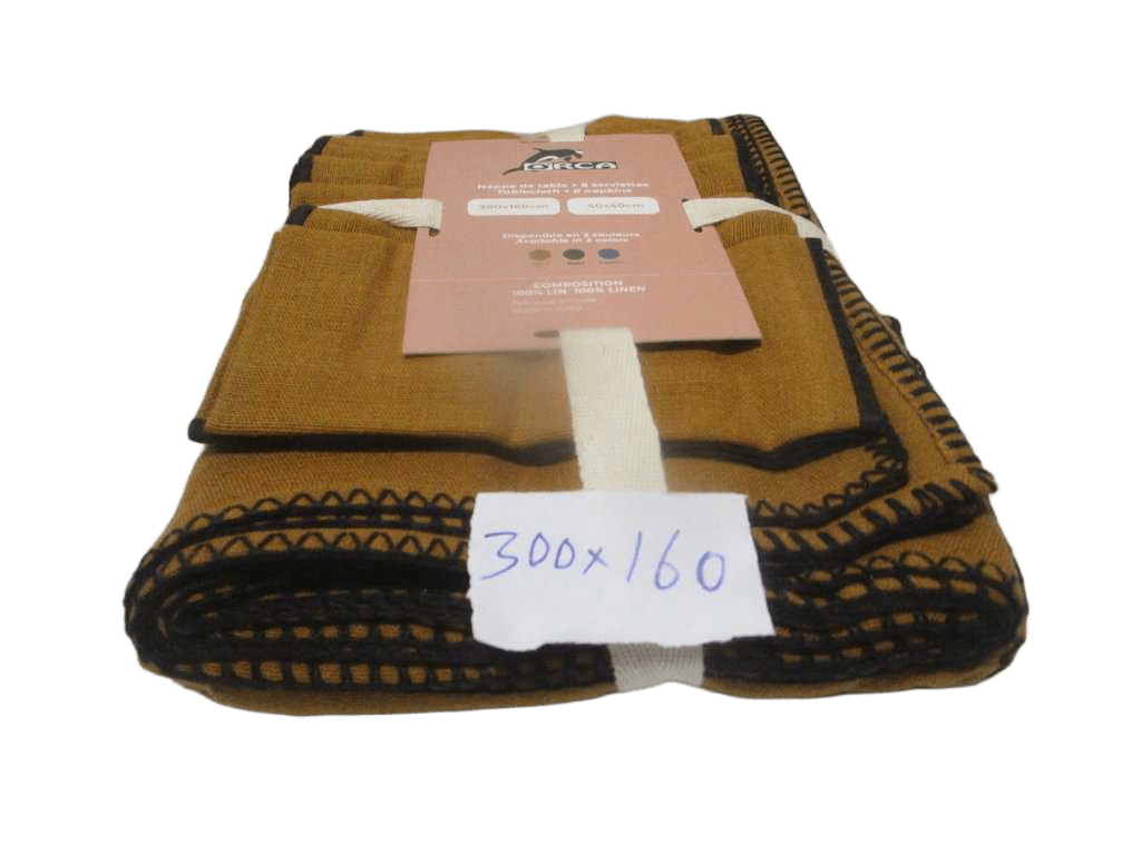 Table Cloth Set With 8 Napkins 40x40 100% Linen 270 Gsm End Bordon Stitch Hem Finish Garment Wash Polybag With Bottons Ribbon And Insert Card