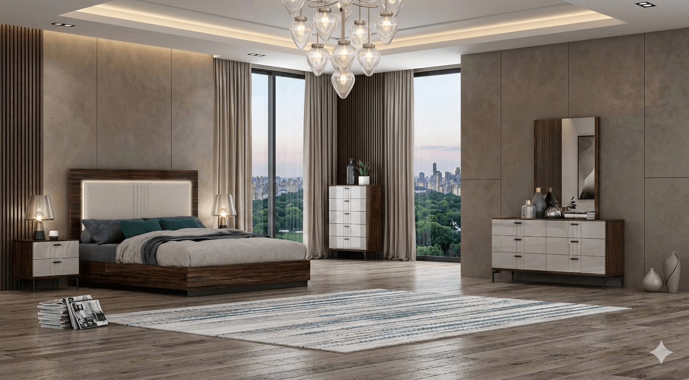 Bed W/Led1830x2030 + 2 Night Stand + Dresser 6 Drawers + Mirror Ebony(A1239-1 Hg)+grey Lacquer(8890213 Hg)b:1830x2030x1380 Ns:600x420x570 D:1565x450x790 M:900x20x1200 10cl=
