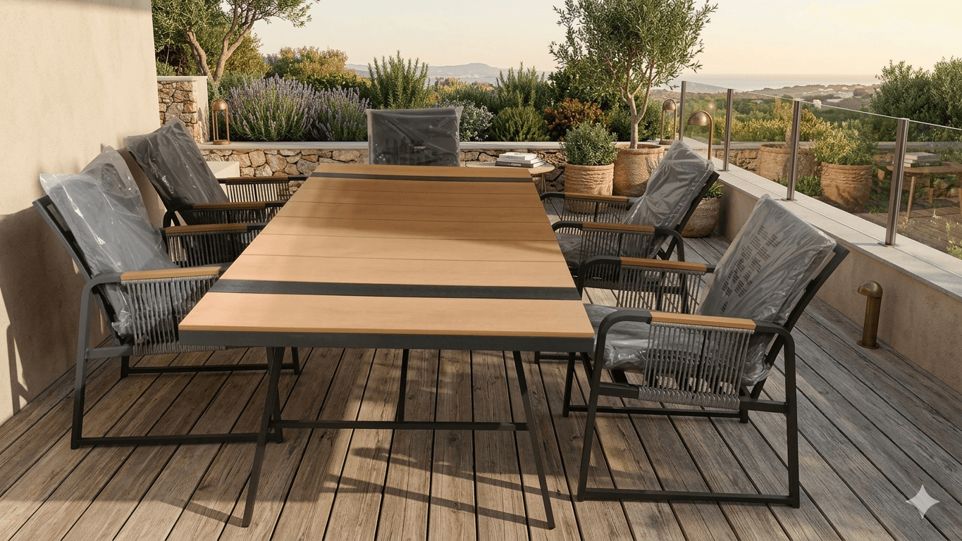 Dinning Table +6 Alu Rope Chairs Table Dark Grey Rope Grey Ct Top: Oak+ Black C:55x75x87 Table:200x100x74