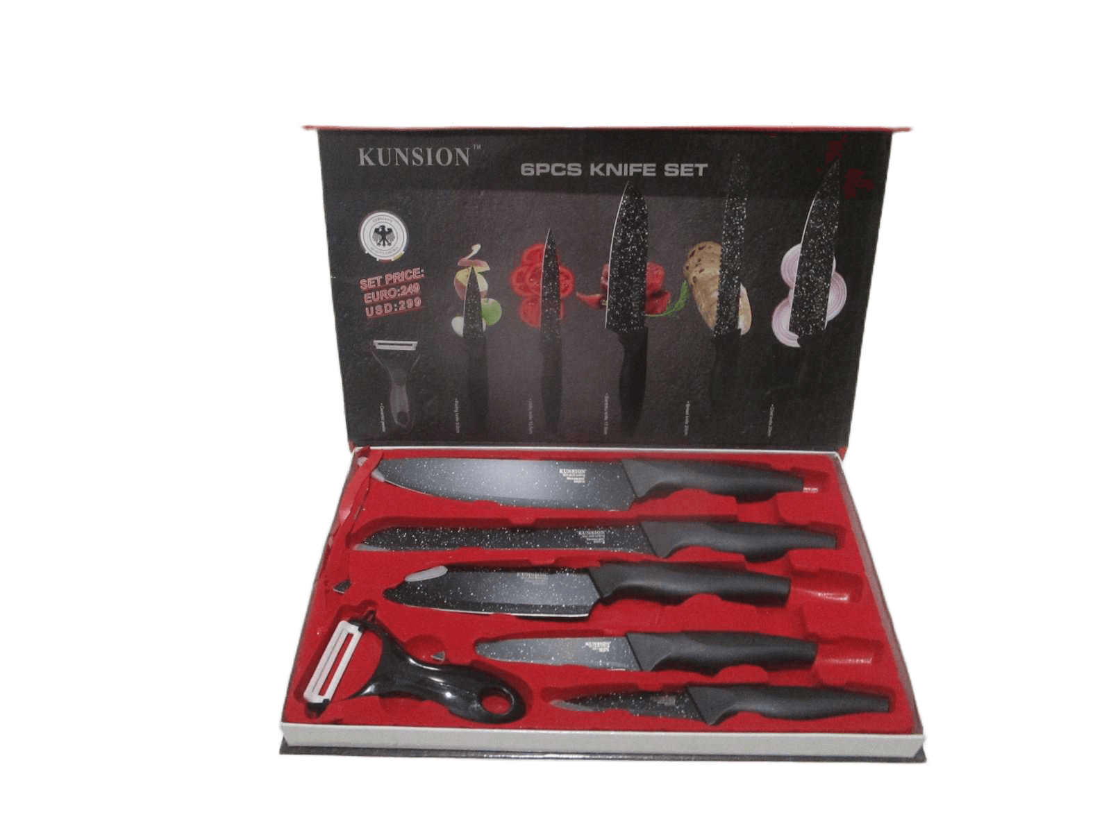 Knife Set-6pcs 2cr13 Stainless Steel Chef Knife:20cm Bread Knife:20cm Slicer Knife:20cm Utility Knife:12.5cm Paring Knife:8,75cm Peeler Pp Handle Color Box Black Marble Coating 1.5mm Thickness