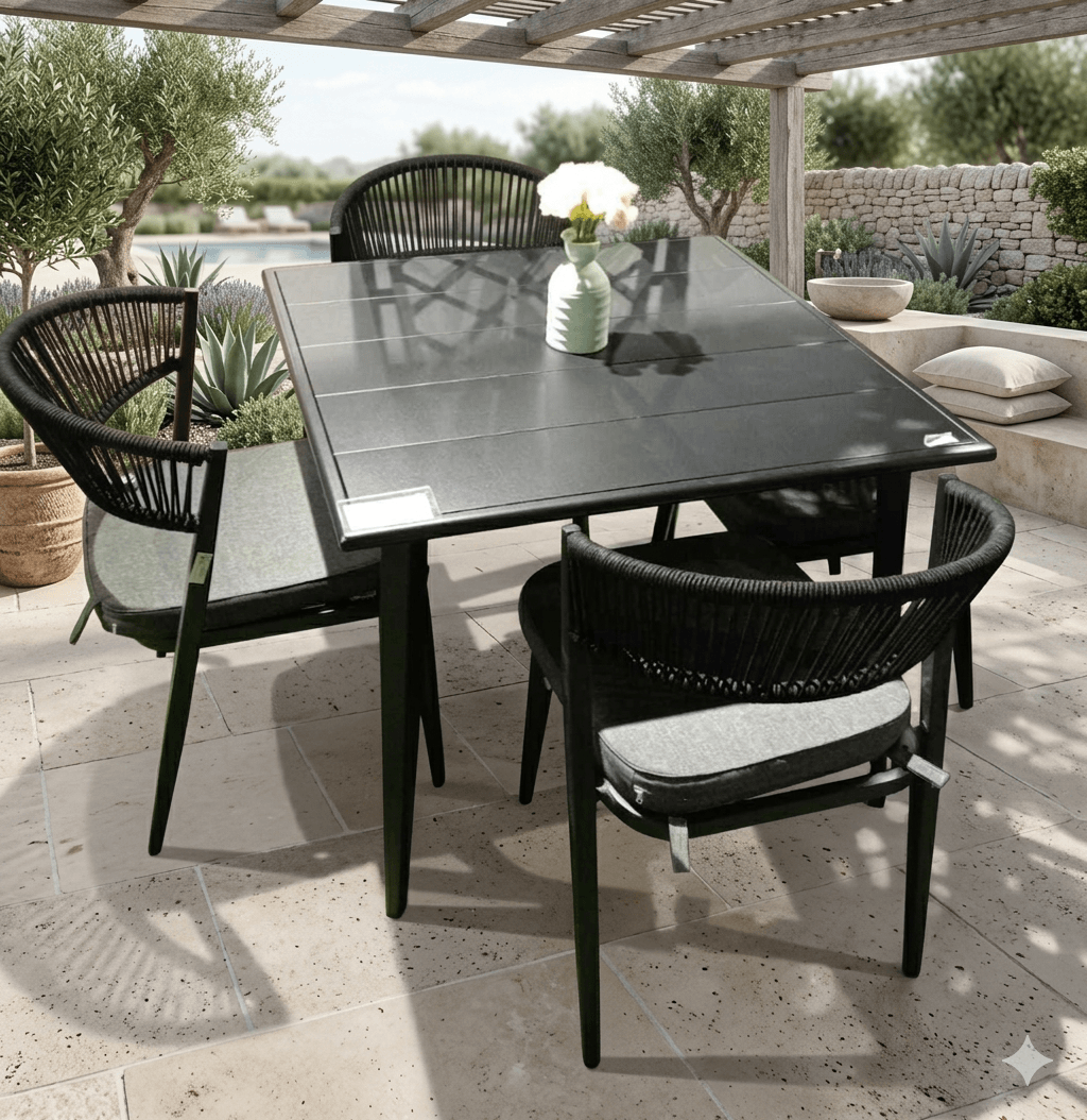 Garden Dinning Table + 4 Chairs Rope Steel Frame Tempered Black Glass+ 5 Cm Grey (Bx107c) Fabric Cushion