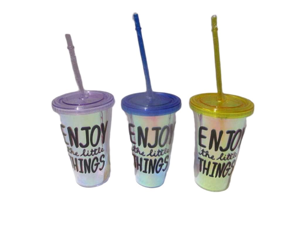 Cup Beverage , Double Wall W Cover&straw, Ps 4 Color Assorted, White Box Design Enjoy Gradient 450ml