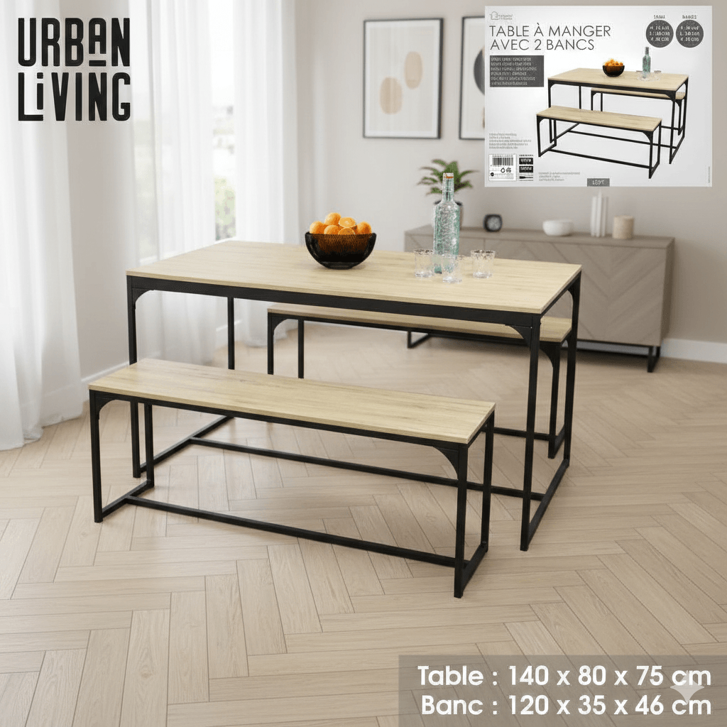 Dining Table Loft With 2 Benches Table :140x80xh75cm / Banc :120x35xh46cm