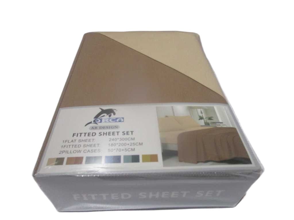 Flat Sheet Set Of 4pcs 240x300cm(Brown 104) Fitted Sheet 180x200 +25 Cm(Beige 37) 2 Pillow Cases 50x70 +5 Cm(Beige 37) 105gsm 100% Polycotton Packing:pvc Bag Pilow & Fitted Sheet Same Color Beige 37 Flat Sheet Brown 104