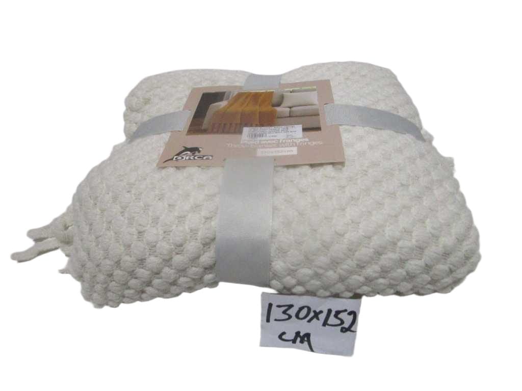 Throw Blanket, Inside 130x152, Up And Down Frange 10cm, Acrylic100%, 235gsm, With Color Card+silk Belt, Opp Bag White 130x170