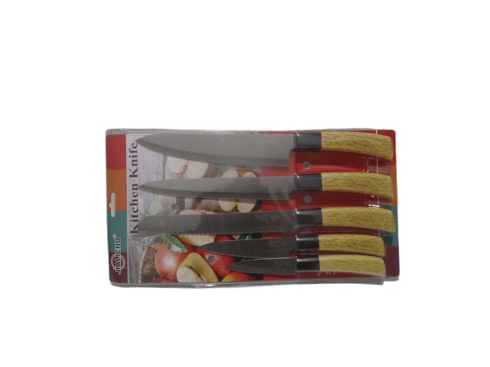 Knife Set-5pcs 2cr13 Stainless Steel Chef Knife:32cm Slicer Knife:32cm Bread Knife:32cm Utility Knife:23.5cm Paring Knife:20cm Pp Handle Blister Card Packing Wood Pattern 1.5mm Thickness