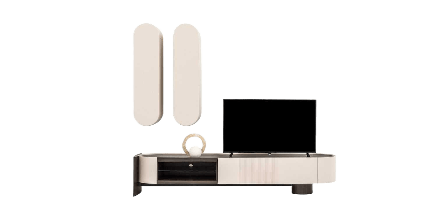 Tv Unit Fin Top Mdf Painted Beige / Walnut Btm: 370x45x50cm Top: 32x120x30cm