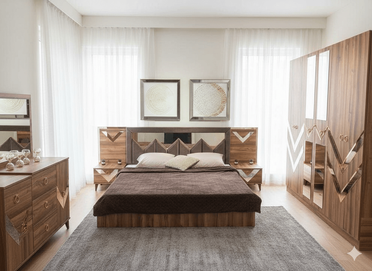 Bedroom 180*200 Bed With 2 Night Stand And Dresser With Mirror B: 180 X 200 Ns: 45 X 40 X 40 D: 90 X 165 X 90