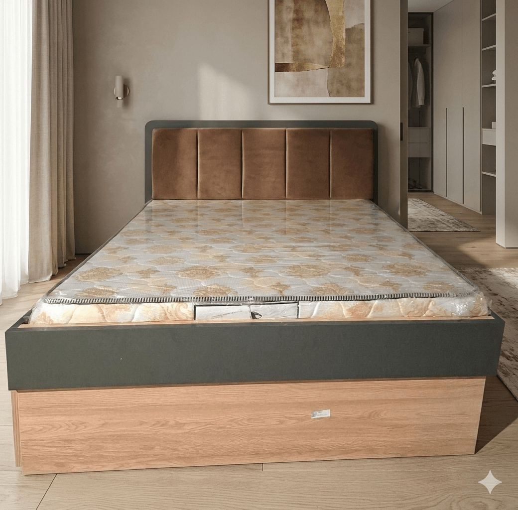 Kids Bed Elips Grey Fabric + Storage + Nightstand Anthracite / Walnut B: 120x200cm Ns: 50x42x47cm