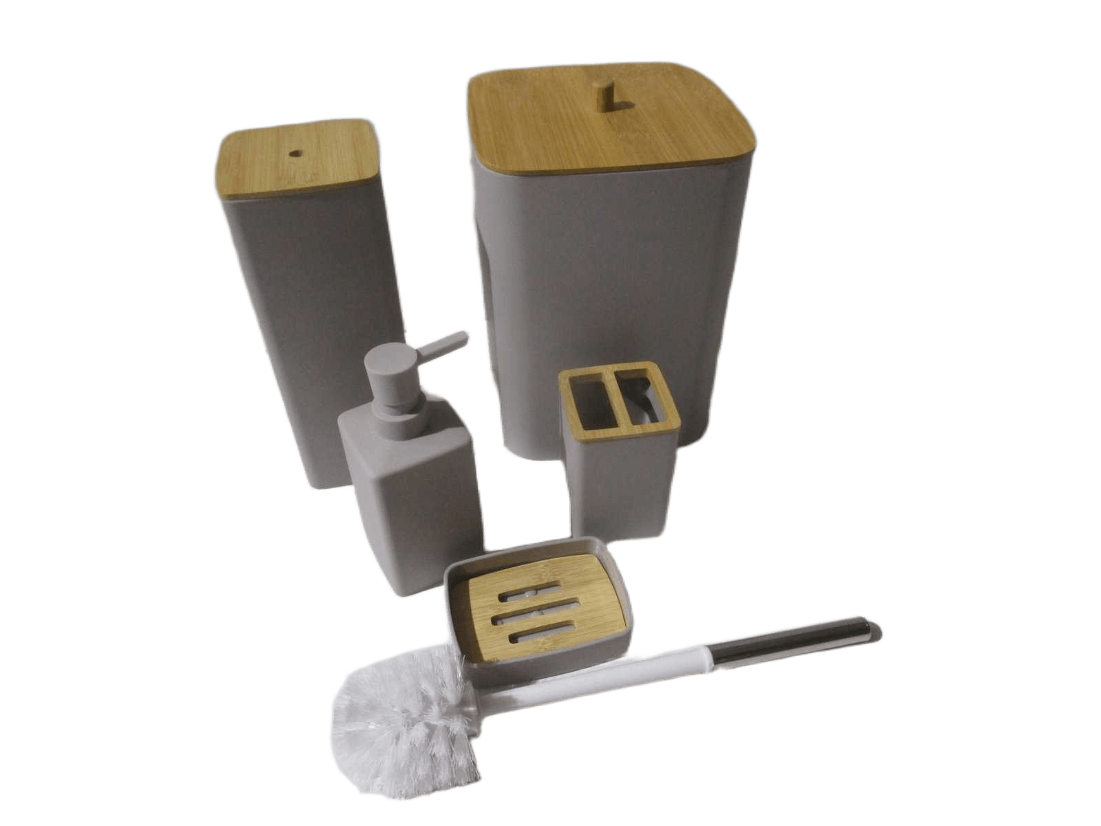Set Of 5 Bathroom Set-Abs+bamboo Light Taupe Bin:18.5x18.5xh26 Toilet Brush:9.5x9.5xh36 Dispenser:8.5x8.5xh17 Tooth Brush Holder:7x7xh11 Soap Holder:11.5x8.5x2.5 Black Box 00226