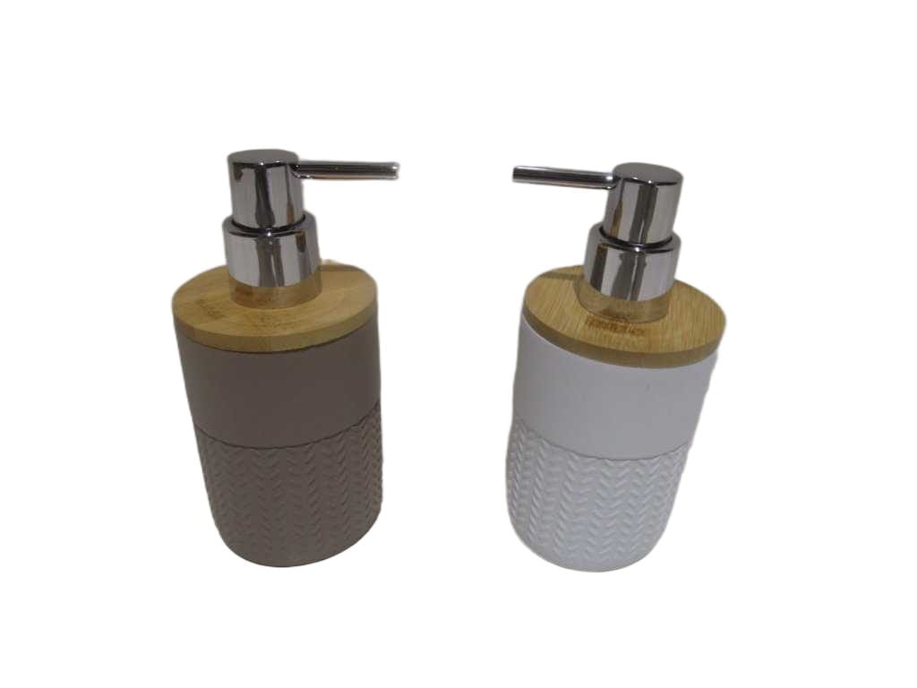 Soap Dispenser Polyresin Taupe+white Polyresin+bamboo 7.5x7.5x16.5 Cm
