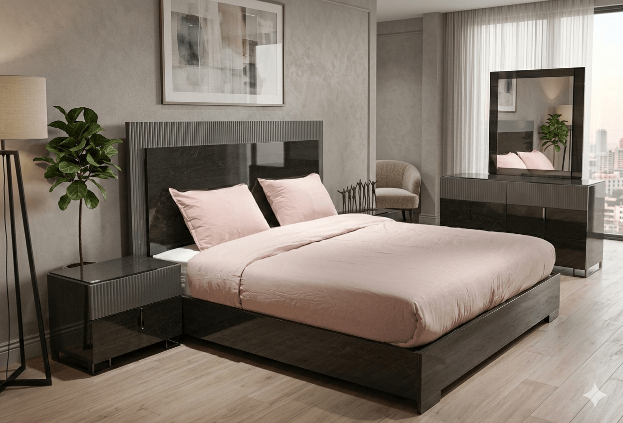 Bed 1830x2030 + 2 Night Stand + Dresser 6 Drawers + Mirror Grey Walnut+graphite (1238-1 Hg)+(T1490071ma) 1830x2030x1380h 600x450x525h 1570x480x820h 1000x30x1100h