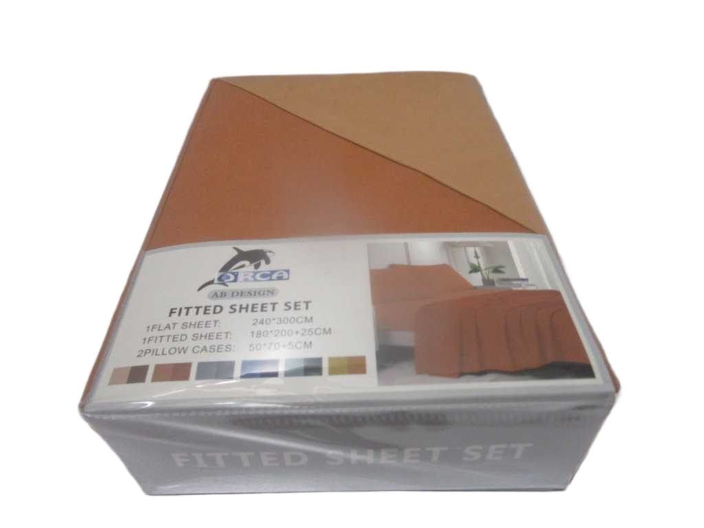 Flat Sheet Set Of 4pcs 240x300cm( Terracotta 124) Fitted Sheet 180x200 +25 Cm(Light Orange72) 2 Pillow Cases 50x70 +5 Cm(Light Orange72) 105gsm 100% Polycotton Packing:pvc Bag Pilow & Fitted Sheet Same Color Light Orange 72 Flat Sheet Terracotta 12