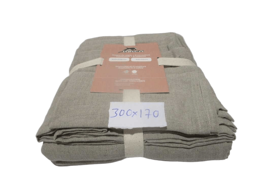 Table Cloth Set With 8 Napkins 43x43 100% Linen 200 Gsm End Hem Finish Garment Wash Polybag With Bottons Ribbon And Insert Card