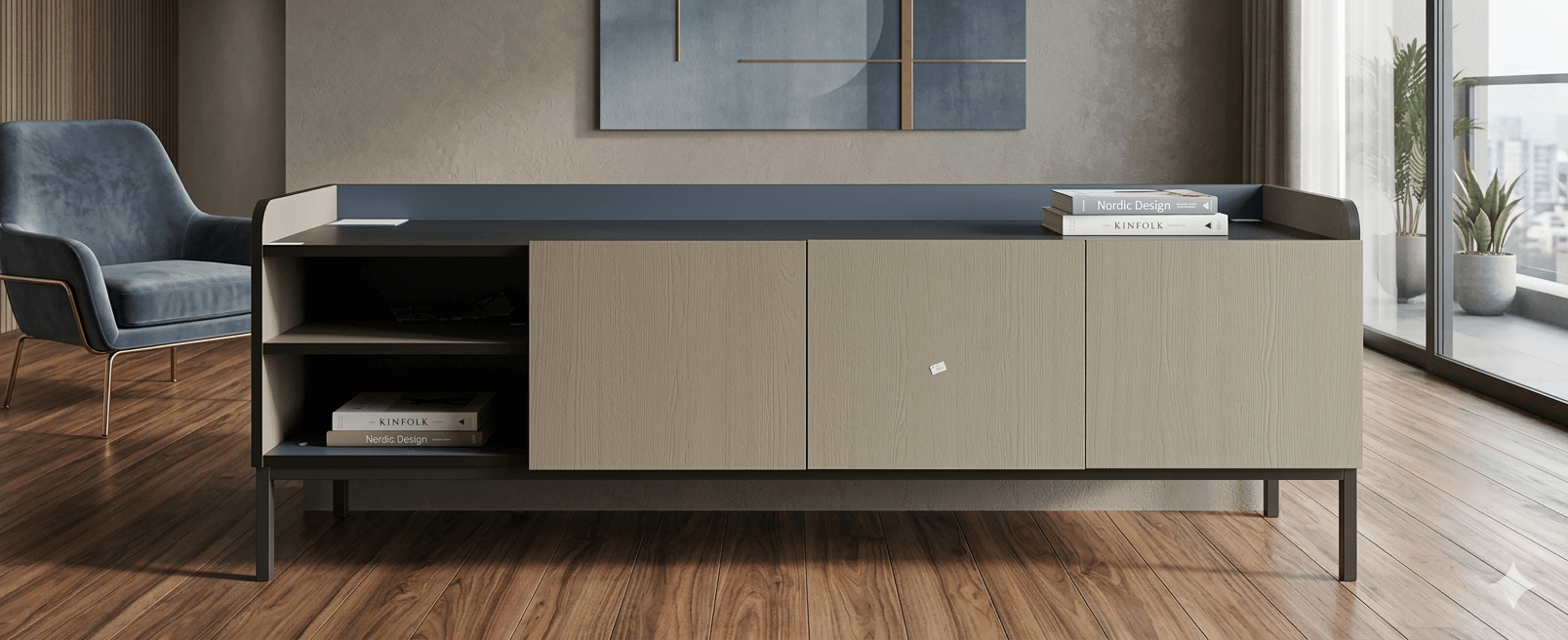 Tv Unit Melamine With 3 Doors And 2 Shelves Adara 17346 Color: Verde-Negro