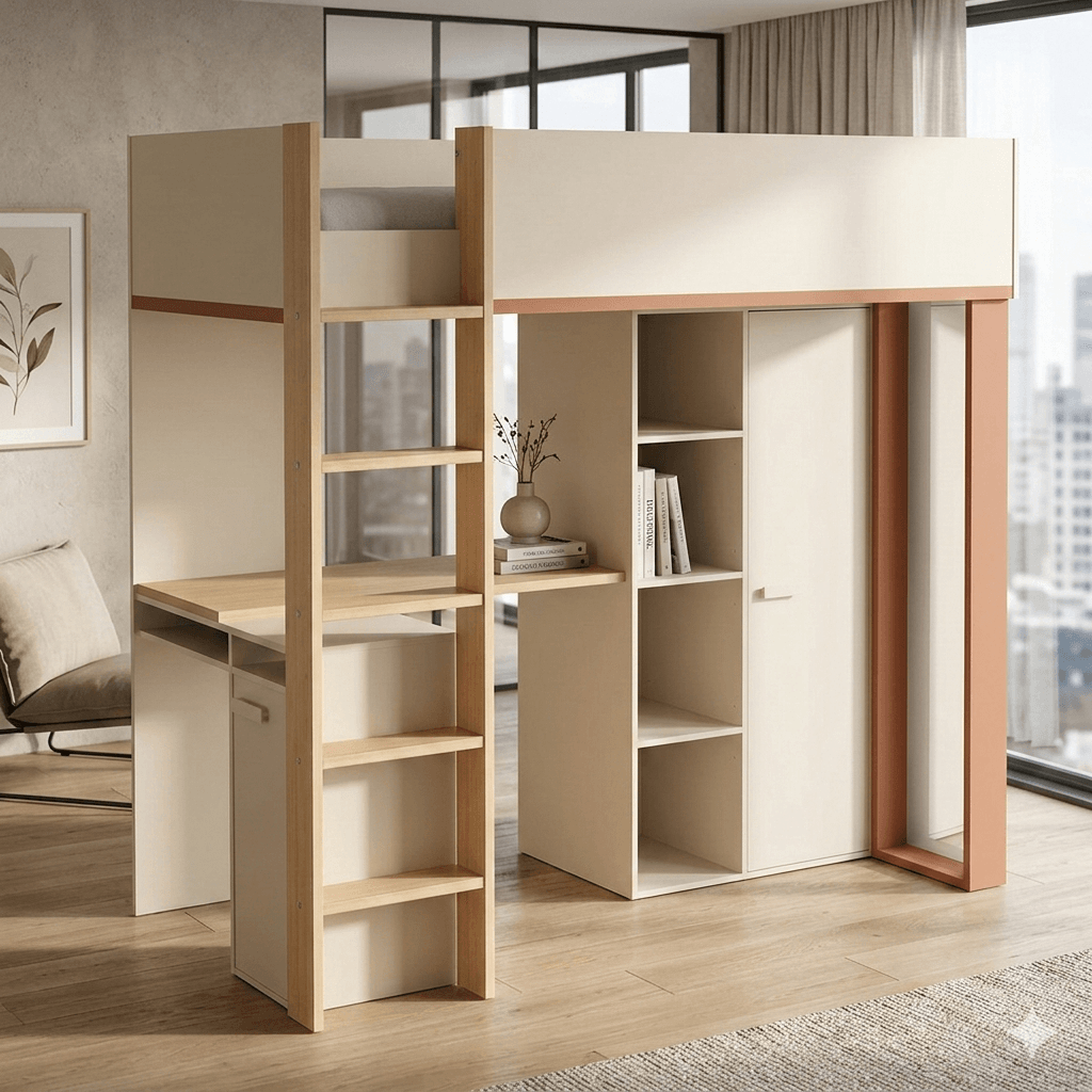 Combined Bed With Integrated Desk And Wardrobe
