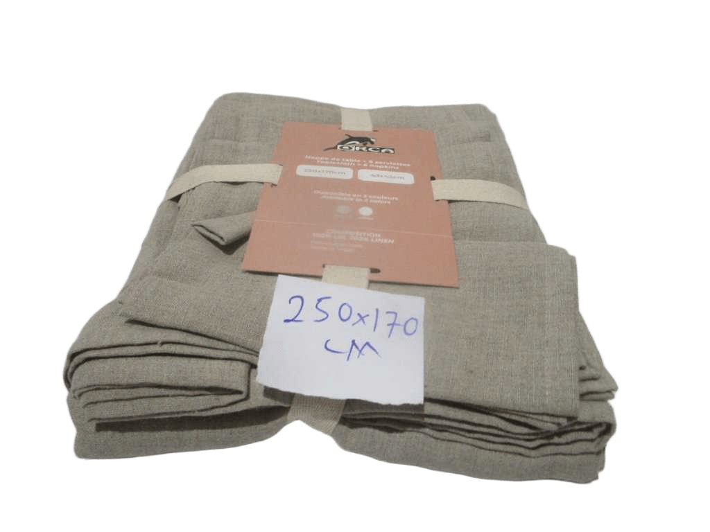 Table Cloth Set With 6 Napkins 43x43 100% Linen 200 Gsm End Hem Finish Garment Wash Polybag With Bottons Ribbon And Insert Card