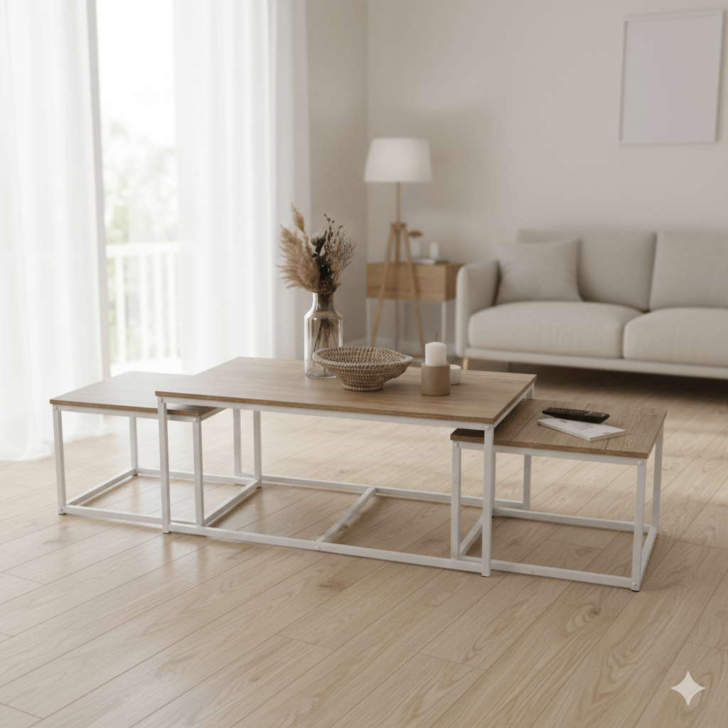 Coffee Table La Casa Whitea X3 Wood And Metal 1-100x60xh45cm + 2-50x50xh38cm