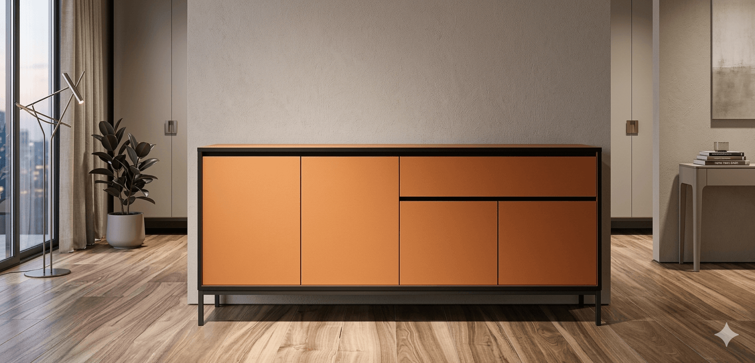 Buffet Melamine With 4 Doors And 1 Drawer With Metal Legs Lorenza 17402 Color: Terra / Black