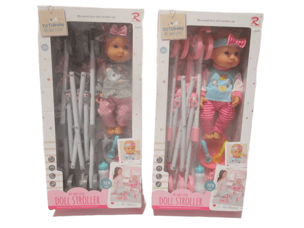 Baby Doll Stroller Set Can Drink And Pee-Pee Display Box 2 Design Mix 12''